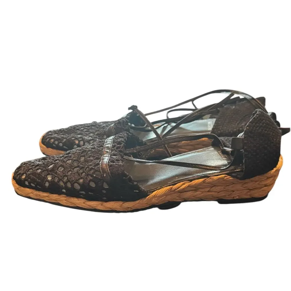 Stuart Weitzman Size 8 Black Lace Gladiator Lace Up Espadrille Shoes